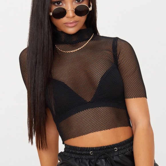 PrettyLittleThing Tops - PrettyLittleThing high neck fishnet crop top
